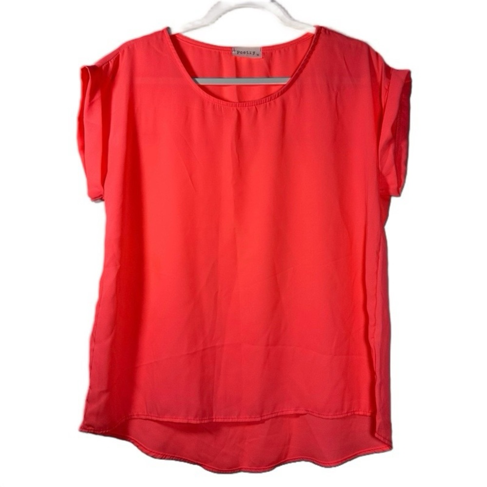 Poetry Coral Blouse Top Radiant Coral Flowy Top Rolled Sleeves adult Medium